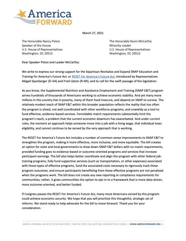 2021 House Leadership SNAP E&T Support Letter (March 27, 2021)