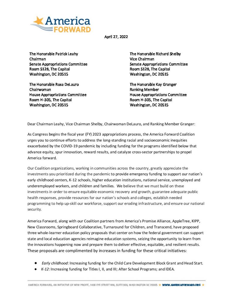 America Forward FY 23 Appropriations Letter