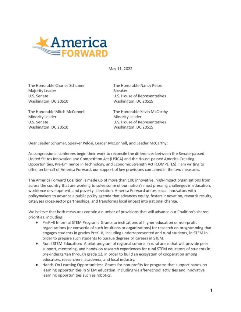 America Forward Coalition Letter on COMPETES/USICA Conference Committee