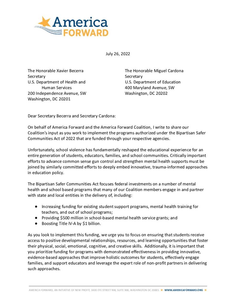 America Forward Letter on the Bipartisan Safer Communities Act